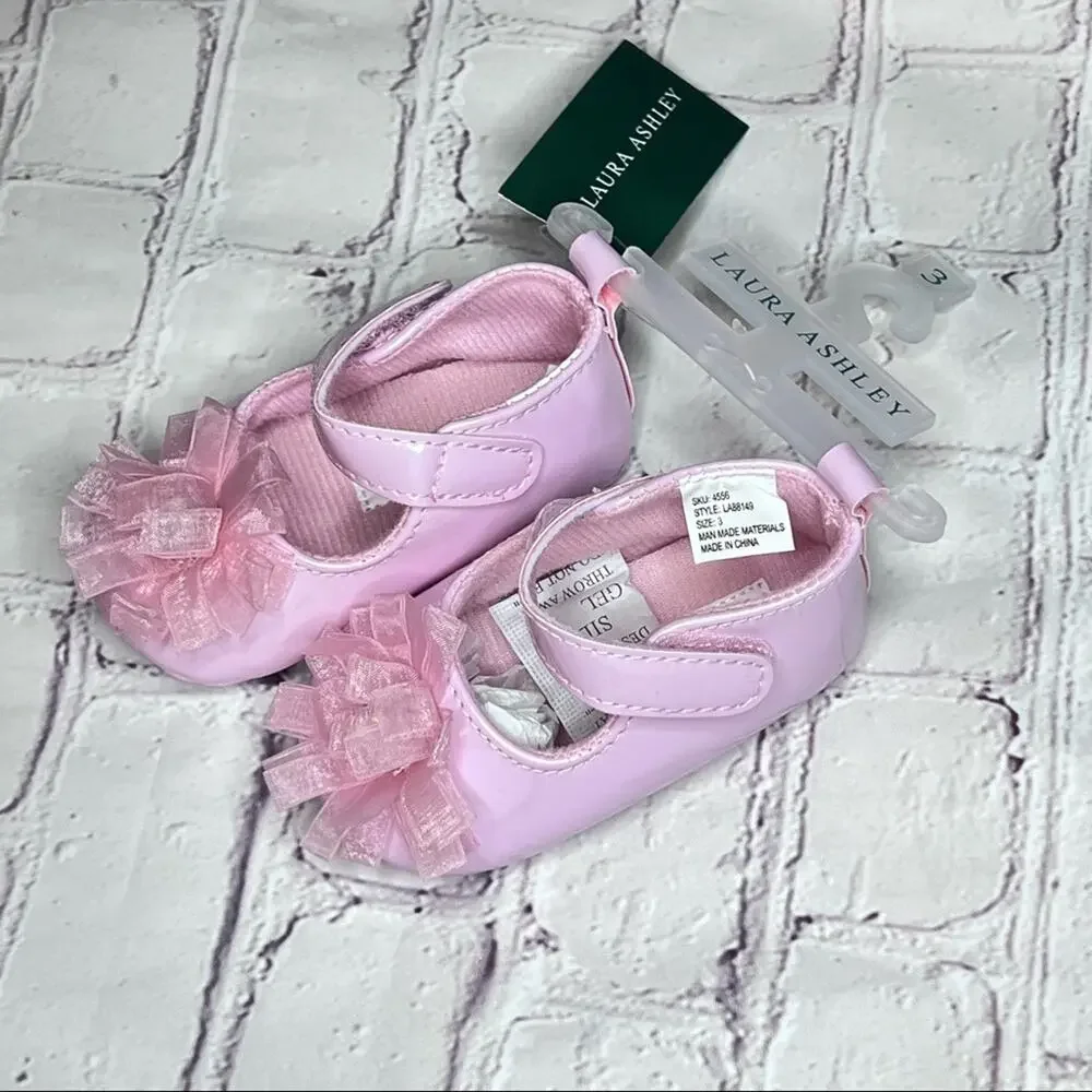 Laura Ashley Baby Girl Flower Jewel Crib Style Pink Shoes Sz 3
